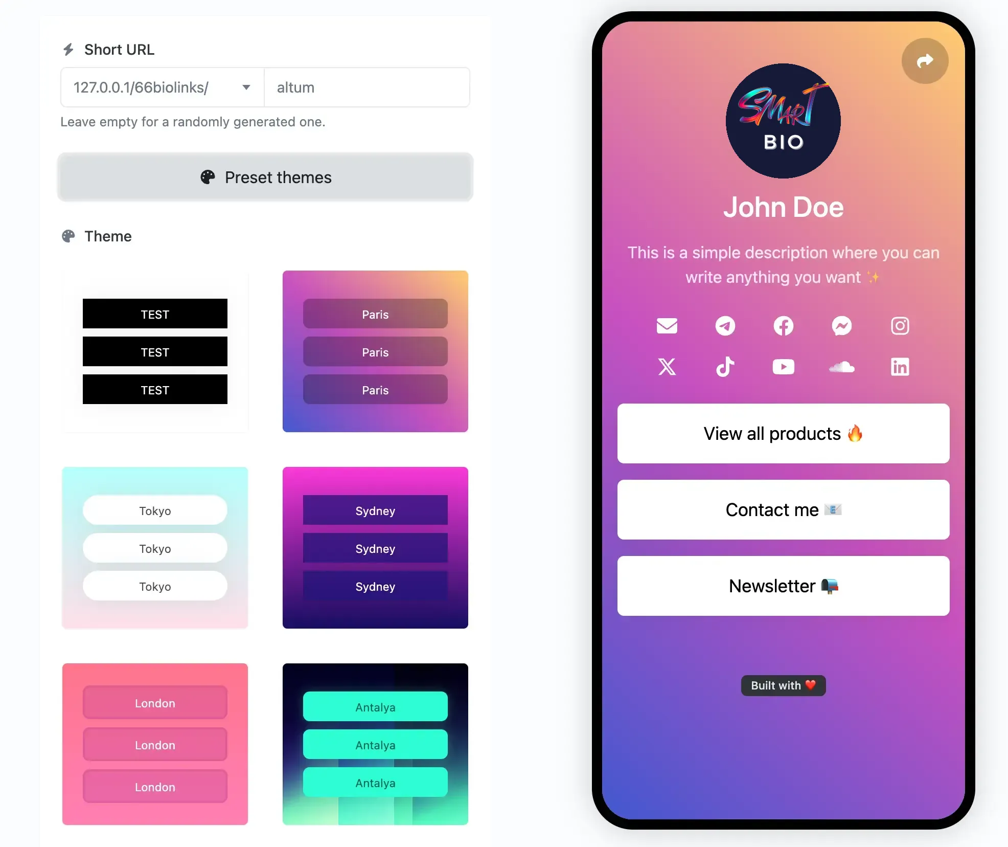 Screenshot of the app biolink editing page
